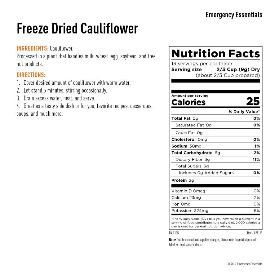 Emergency Essentials Freeze Dried Cauliflower 3 Emergency Essentials Freeze Dried Cauliflower